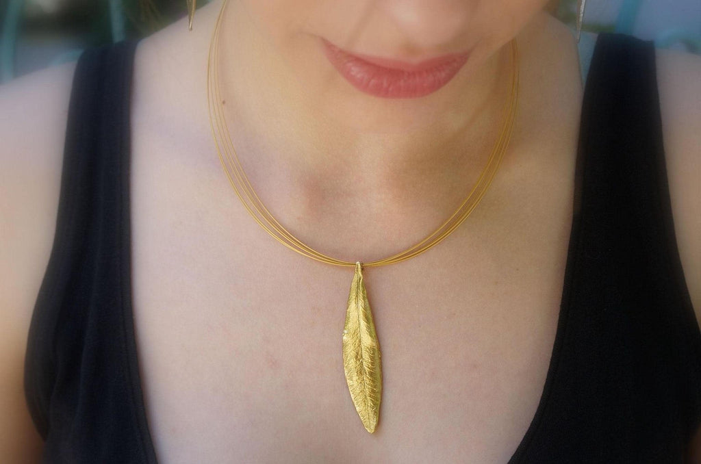 Gold Olive Leaf Pendant, Handmade Nature Jewelry, Organic Tree Necklace, Gift for Luck & Longevity, Eco Sustainable Sterling Silver 925