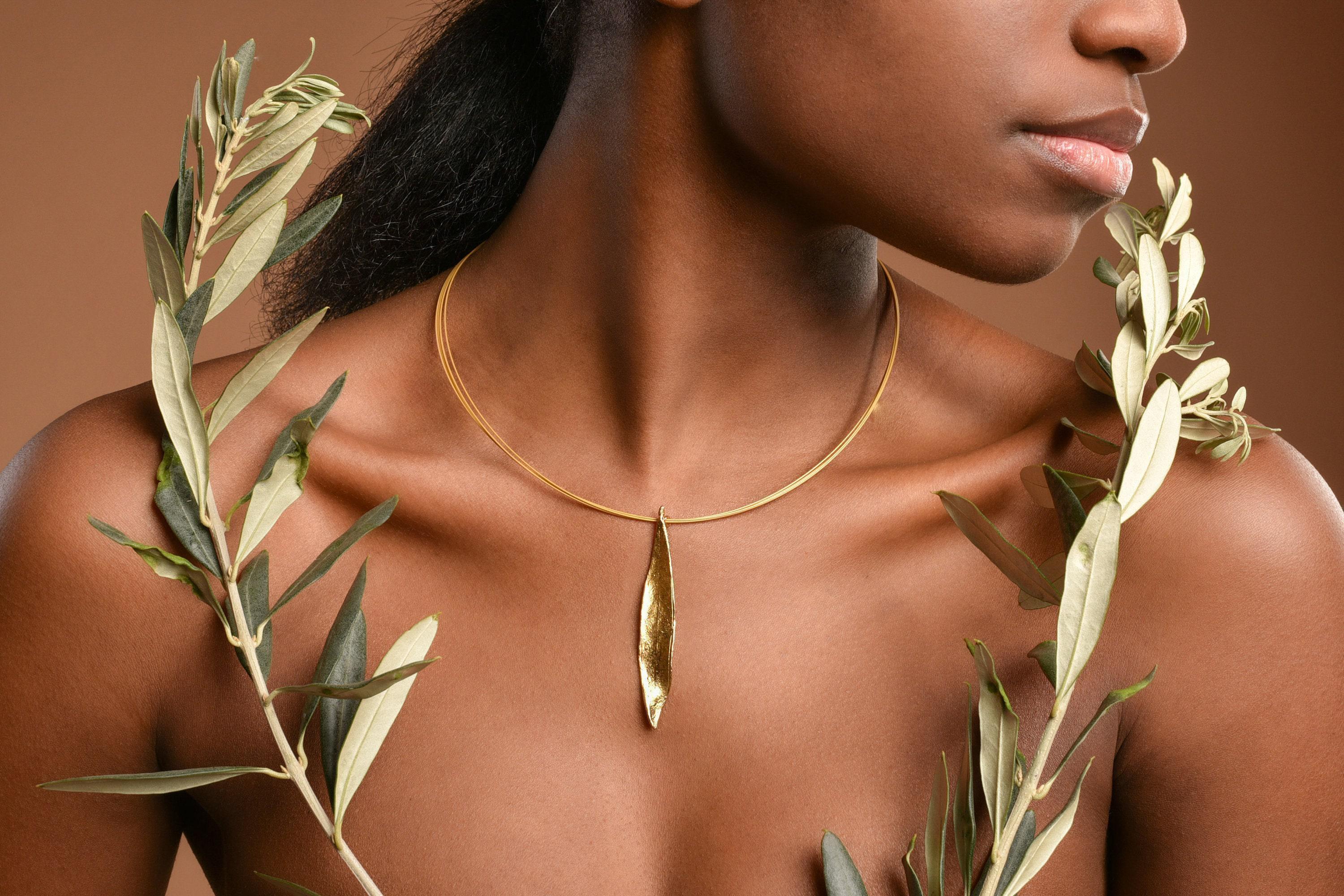 Gold Olive Leaf Necklace, Handmade Nature Jewelry, Organic Tree Pendant, Boho Gift for Success & Health, Eco Sustainable Brass