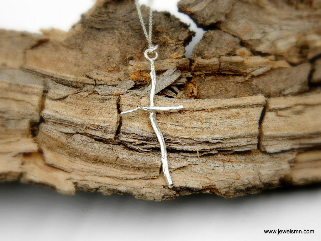 Silver Cross Jewelry Necklace, Olive Branch Twig Pendant, Handmade Unique Gift Cross Jewelry, Sterling Silver 925
