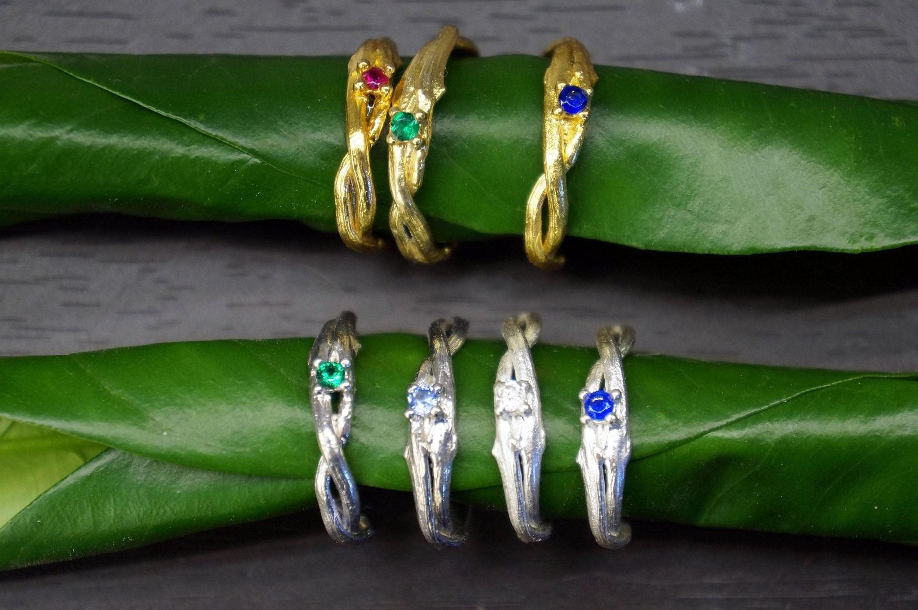 Nature Gold Branch Ring with color Zircon. Gold Plated Sterling Silver 925 Twig Ring, Handmade Minimalist Jewelry