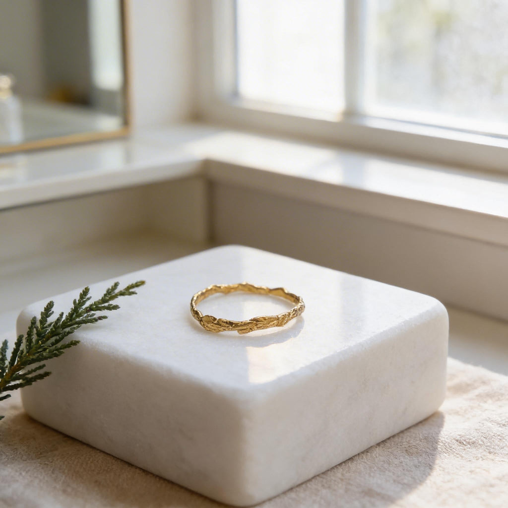 Solid Gold Juniper Branch Ring, Handmade Minimalist Jewelry, Dainty Forest Twig, Gift for Vitality & Luck, Real Gold (9K, 14K, 18K)