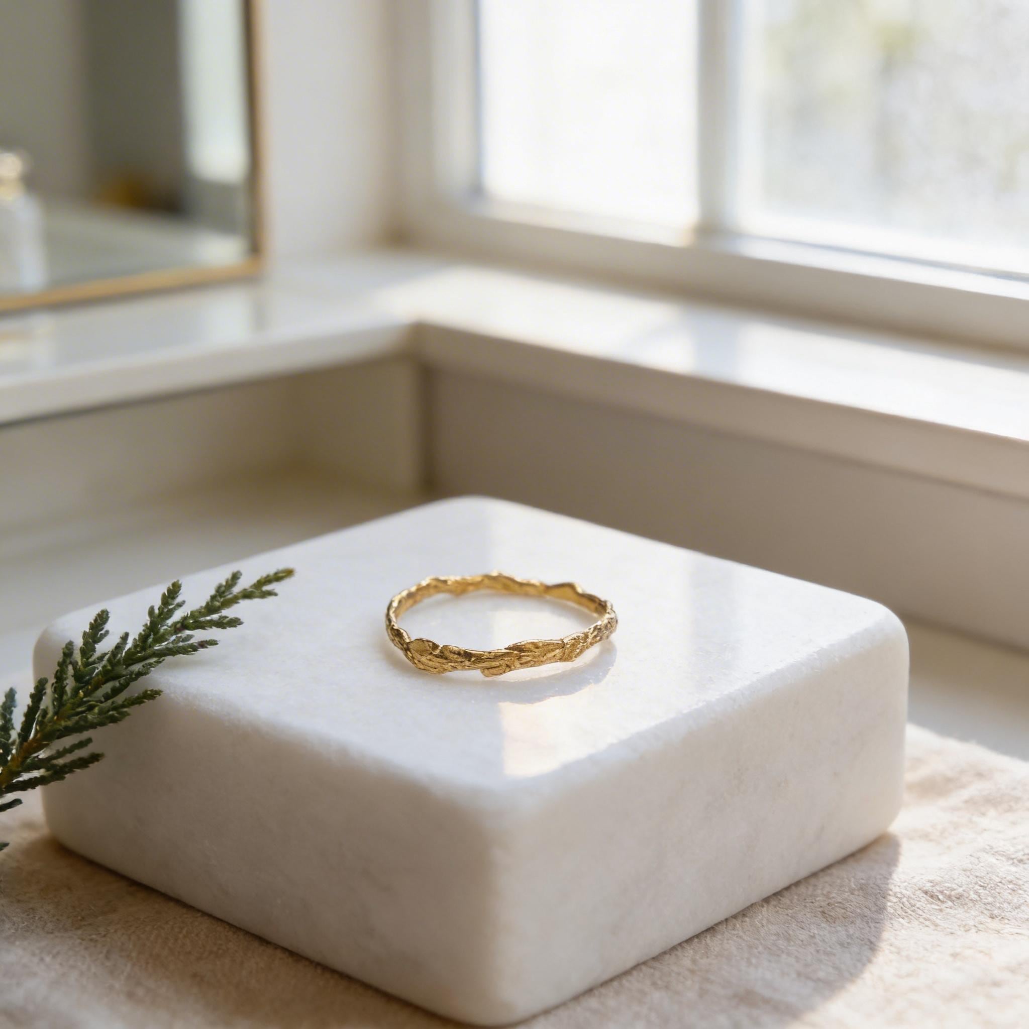 Solid Gold Juniper Branch Ring, Handmade Minimalist Jewelry, Dainty Forest Twig, Gift for Vitality & Luck, Real Gold (9K, 14K, 18K)