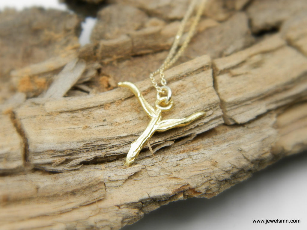 Gold Cross Necklace, Tree Branch Pendant, Handmade Nature Jewelry, Gift for Faith and Protection, Eco Sustainable Sterling Silver 925