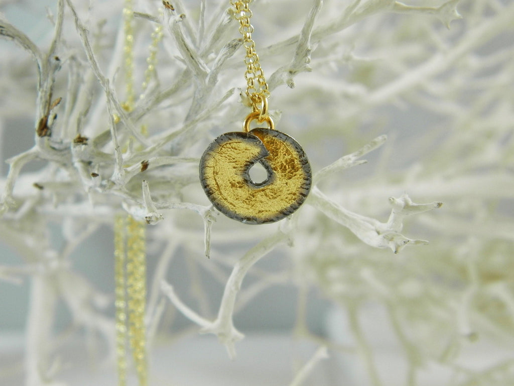 Gold Disc Flower Necklace, Handmade Minimalist Jewelry, Organic Nature Pendant, Gift for Health and Longevity, Sterling Silver 925