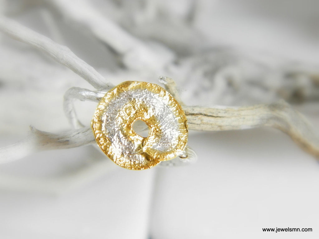 Gold Disc Flower Ring, Handmade Minimalist Jewelry, Organic Forest Band, Gift for Health and Longevity, Sterling Silver 925