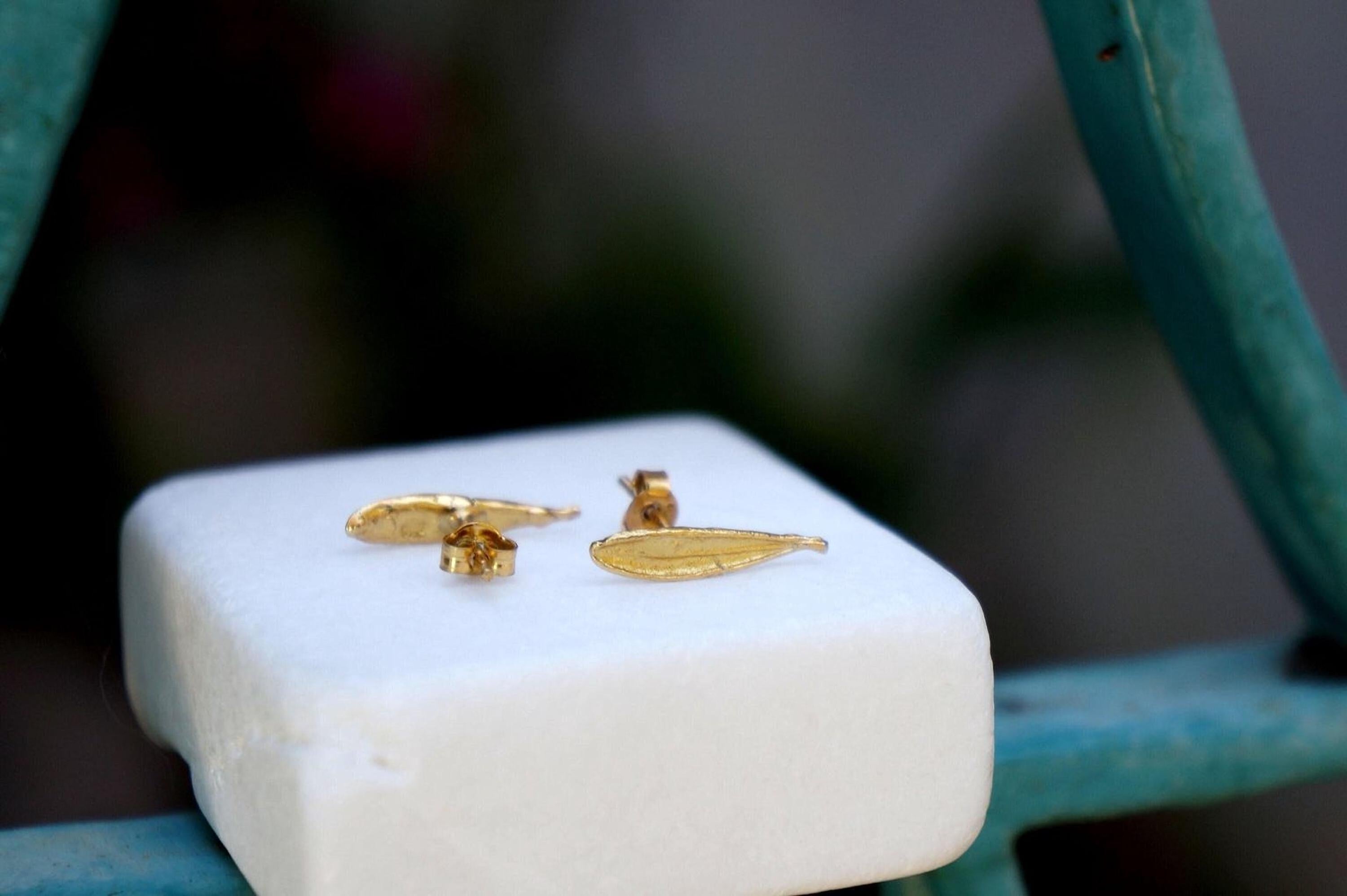 Solid Gold Olive Leaf Studs, Handmade Minimalist Jewelry, Dainty Tree Earrings, Gift for Health and Longevity, Real Gold (9K, 14K, 18K)