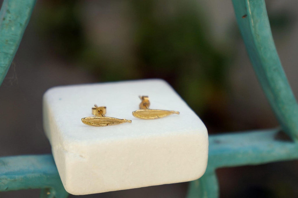Solid Gold Olive Leaf Studs, Handmade Minimalist Jewelry, Dainty Tree Earrings, Gift for Health and Longevity, Real Gold (9K, 14K, 18K)