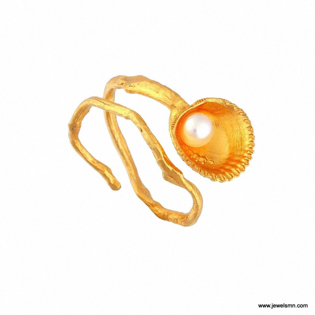 Gold Sea Shell Pearl Ring, Handmade Minimalist Jewelry, Organic Beach Band, Gift for Health and Longevity, Sterling Silver 925