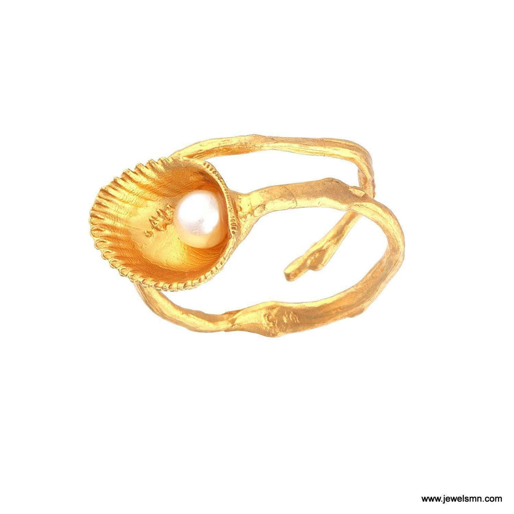 Gold Sea Shell Pearl Ring, Handmade Minimalist Jewelry, Organic Beach Band, Gift for Health and Longevity, Sterling Silver 925