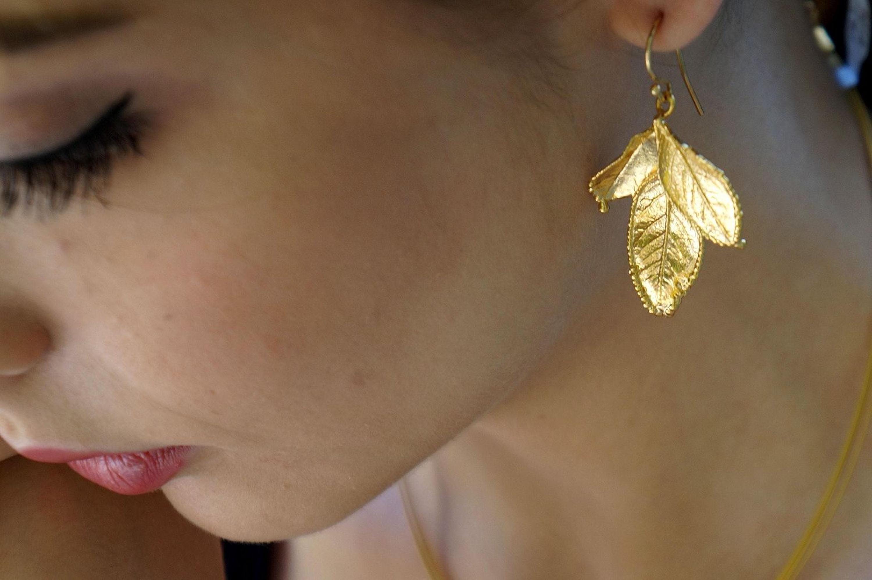 Golden Rose Leaf Earrings, Handmade Minimalist Jewelry, Boho Forest Studs, Gift for Health and Longevity, Sterling Silver 925