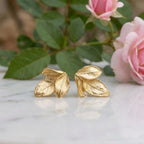 Golden Rose Leaf Earrings, Handmade Minimalist Jewelry, Boho Forest Studs, Gift for Health and Longevity, Sterling Silver 925