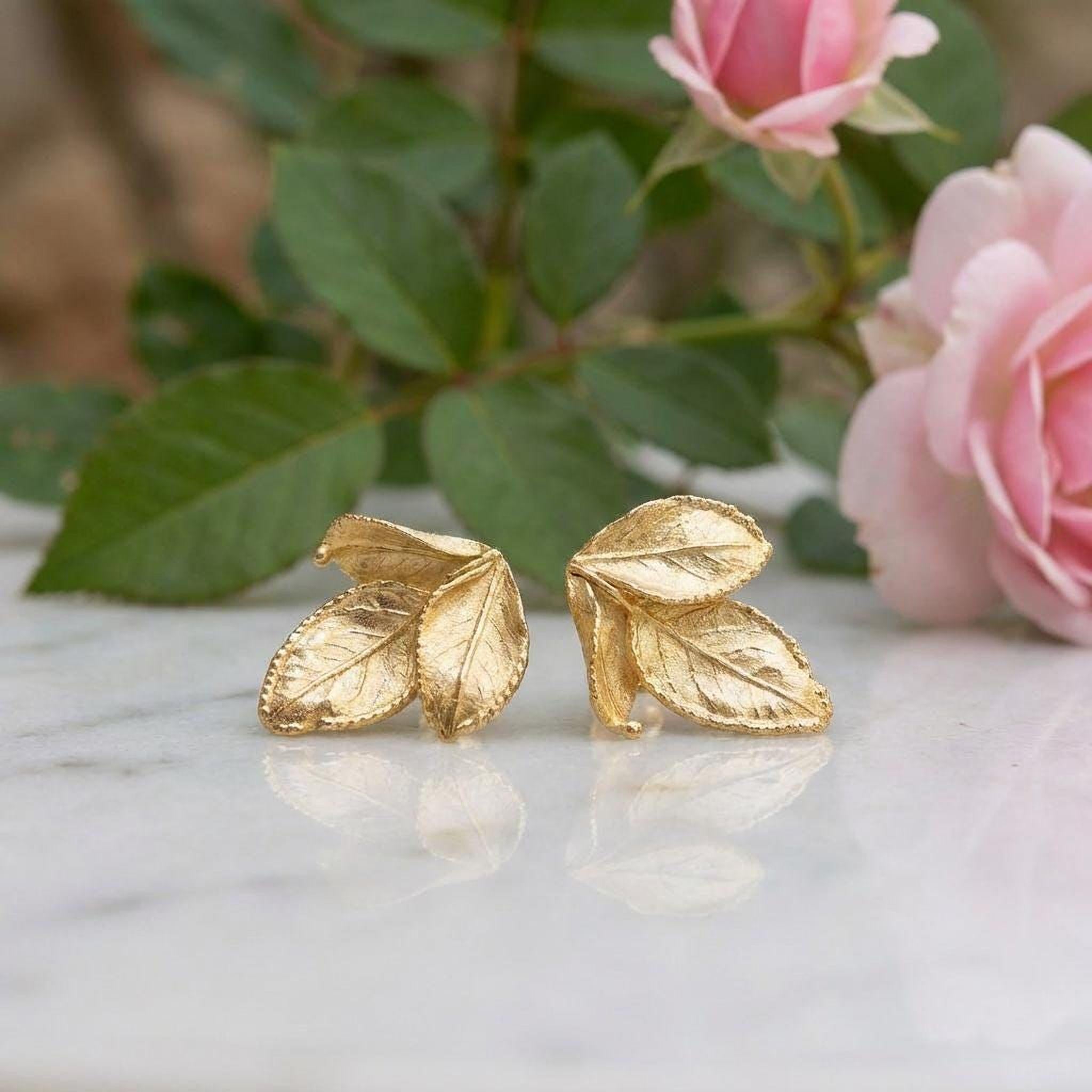 Golden Rose Leaf Earrings, Handmade Minimalist Jewelry, Boho Forest Studs, Gift for Health and Longevity, Sterling Silver 925