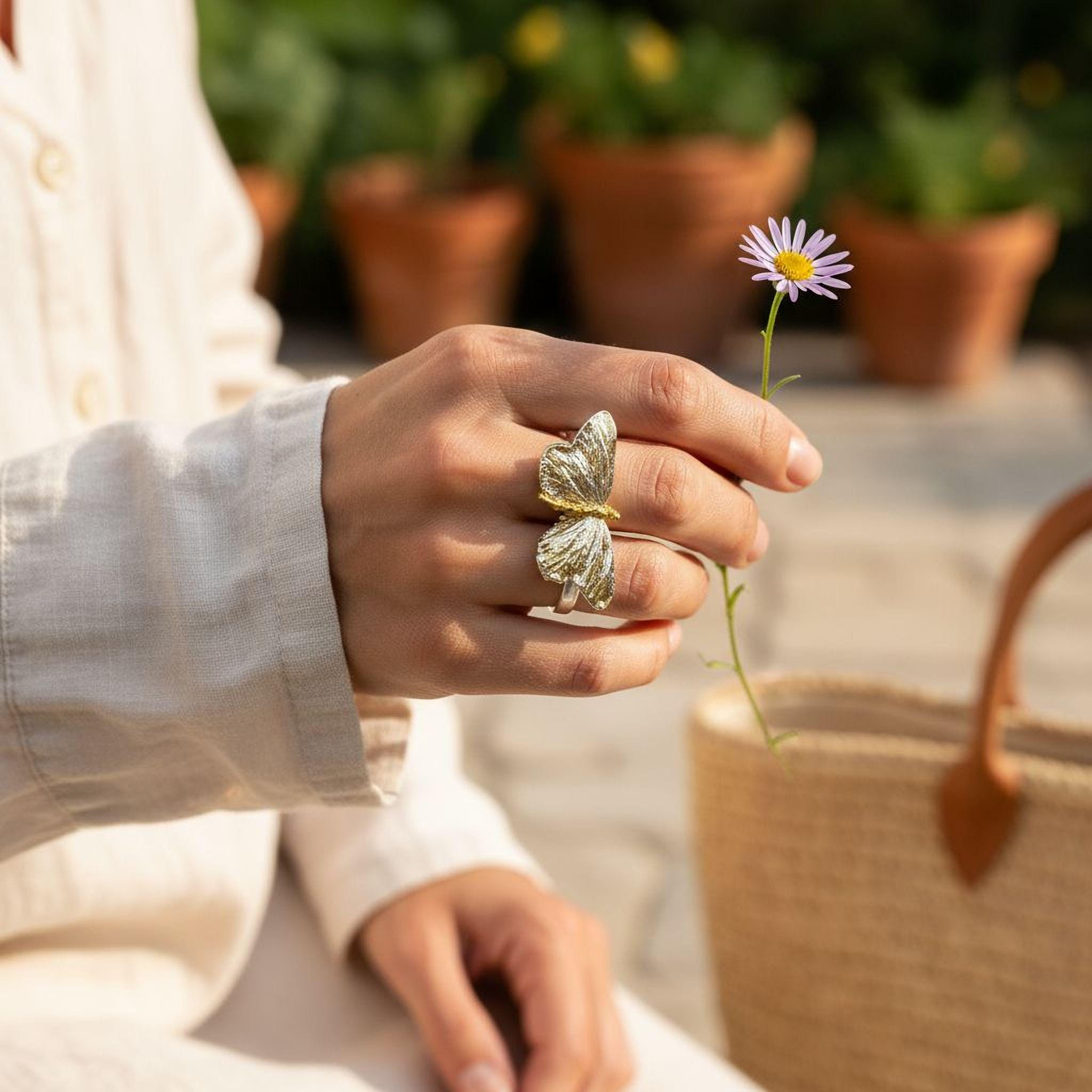 Real Butterfly Ring, 14K Gold Plated Brass, Handmade Nature Jewelry Gift for Women, Boho Fashion,Symbolizes immortality and transformation
