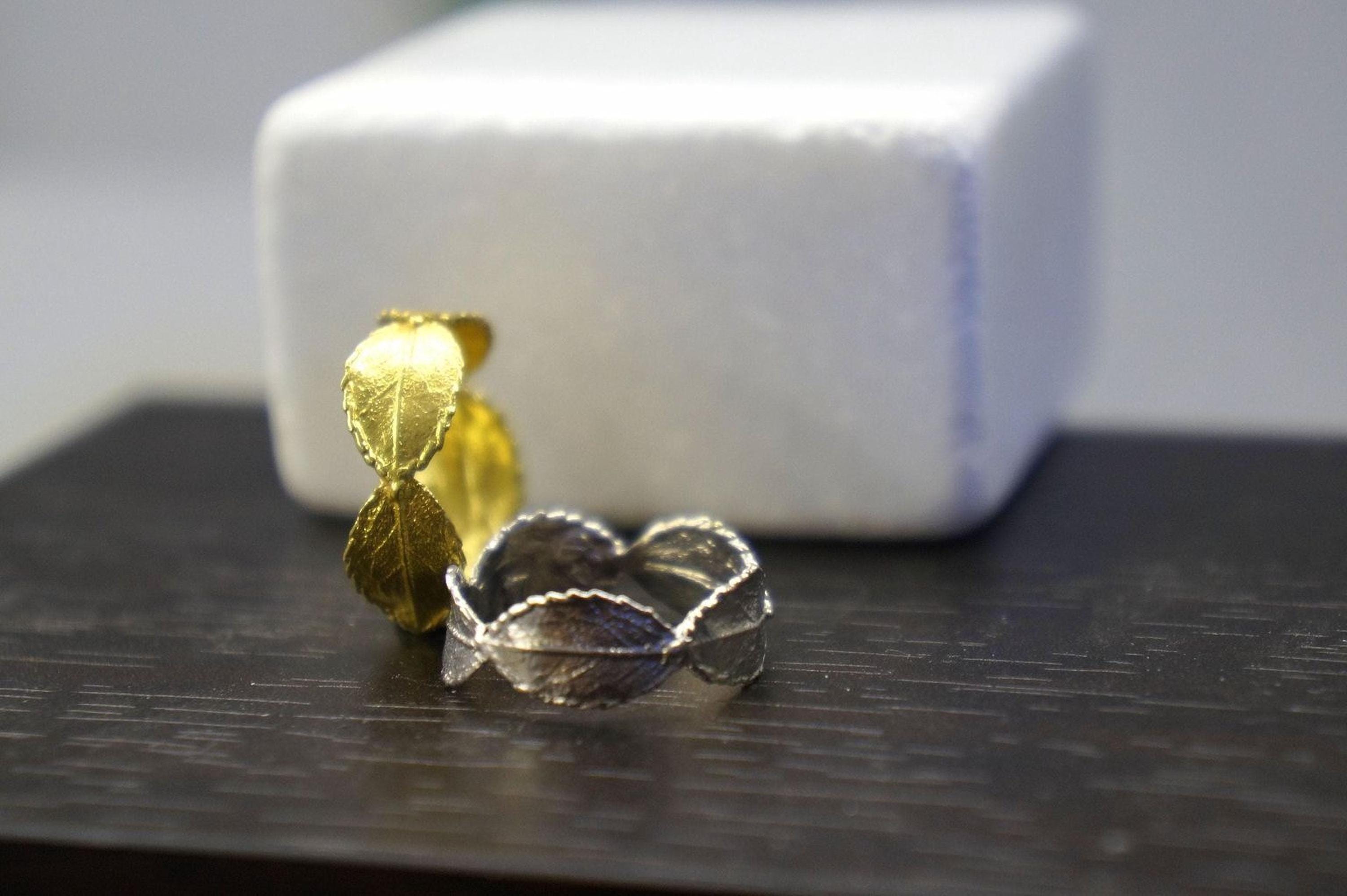 Real Olive Leaf Gold Ring, Handmade Minimalist Jewelry, Organic Tree Band, Gift for Health & Victory, Eco Sustainable Sterling Silver 925