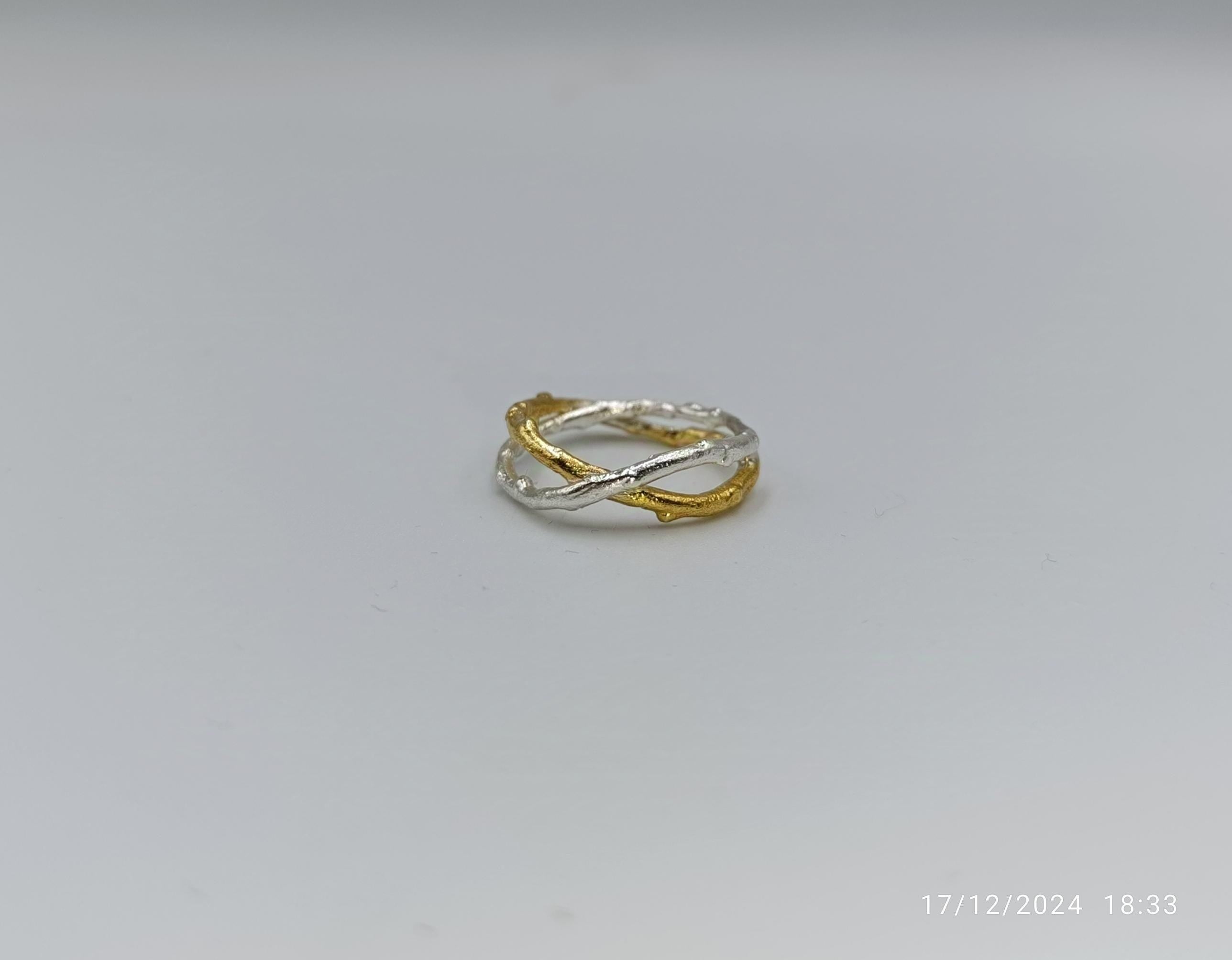 Two-Tone Olive Twig Ring, Handmade Minimalist Jewelry, Organic Branch Band, Gift for Health and Longevity, Sterling Silver 925