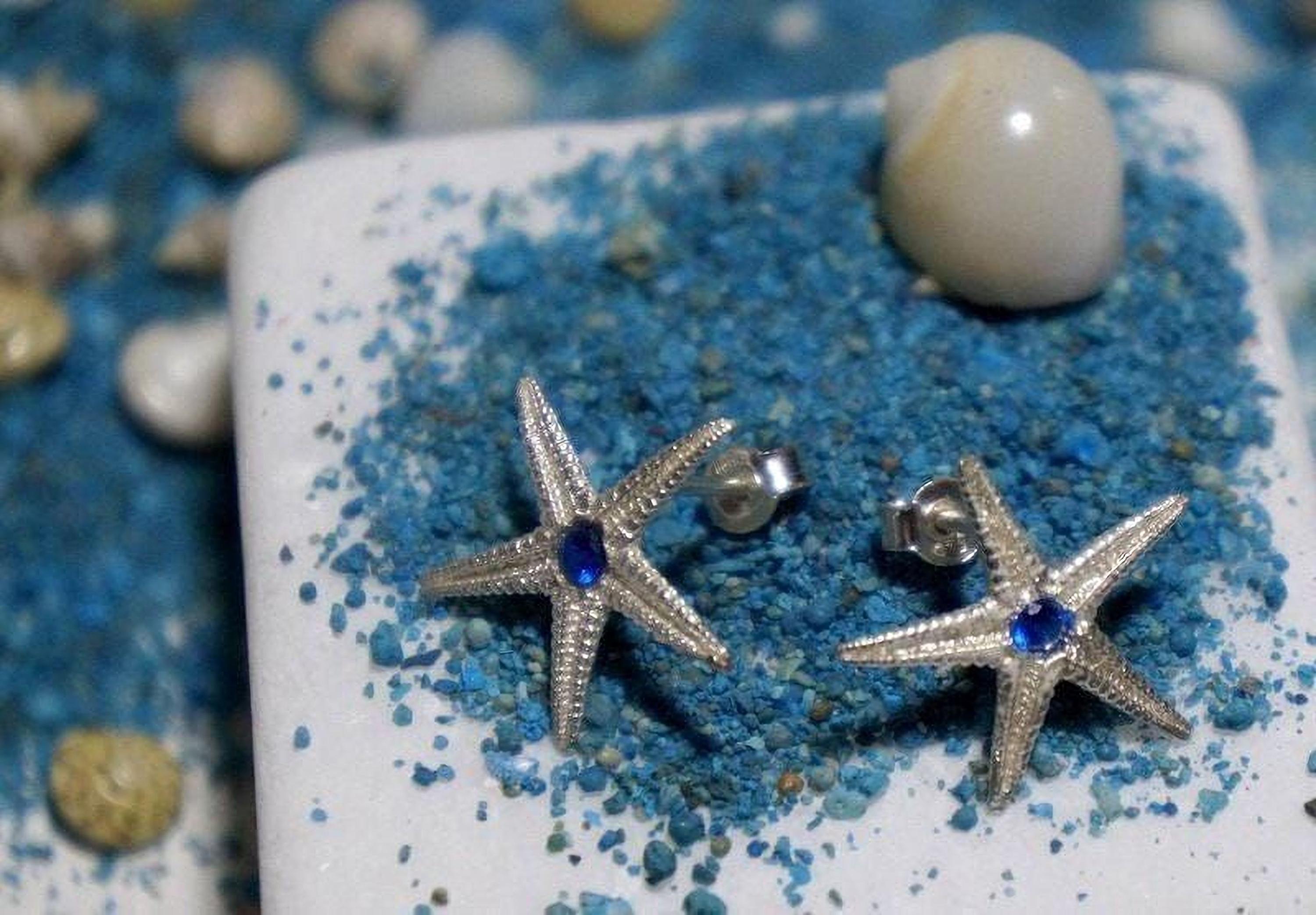 Silver Starfish Earrings with Zircon, Handmade Minimalist Jewelry, Organic Beach Studs, Gift for Health and Longevity, Sterling Silver 925