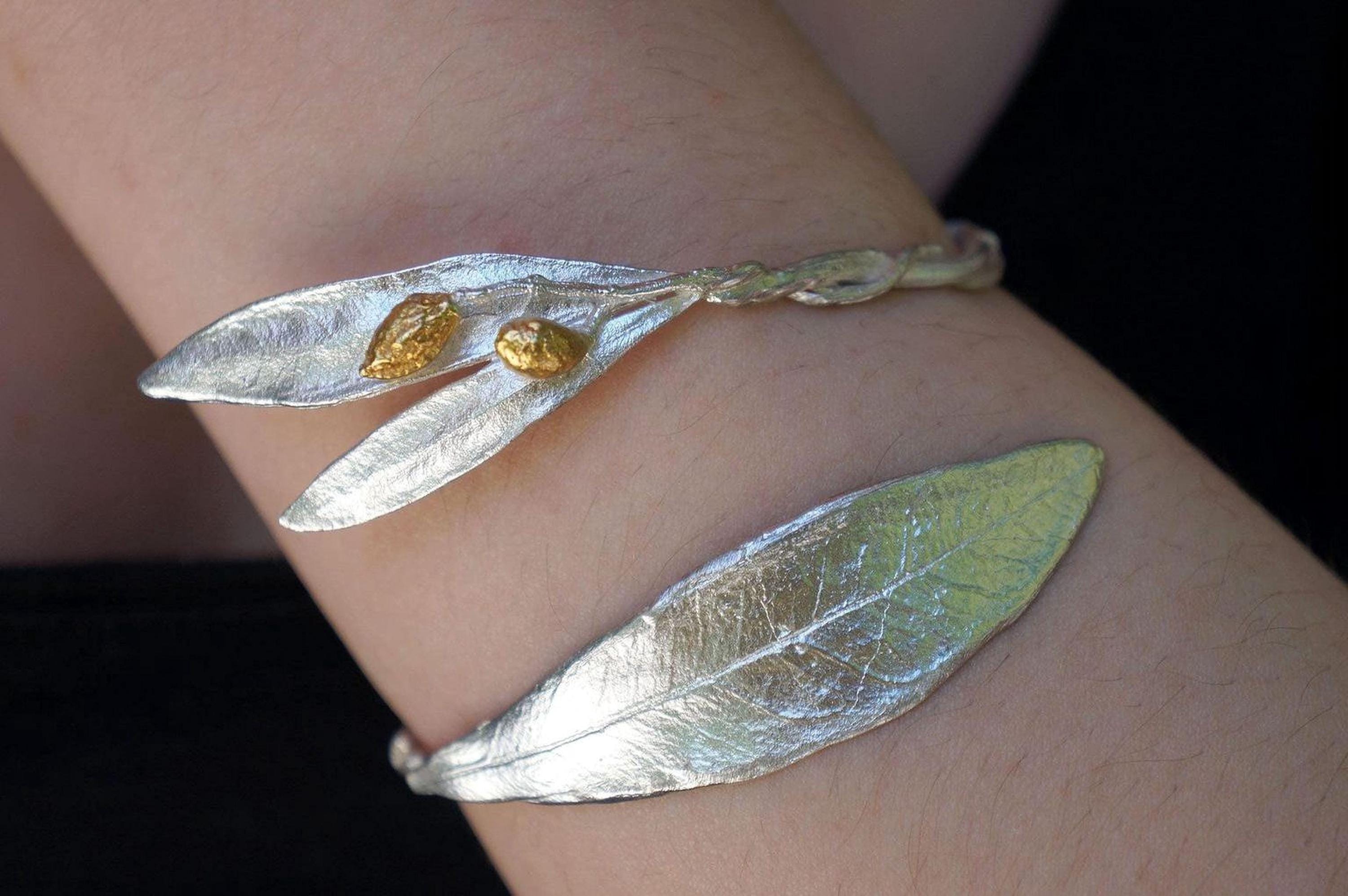 Real Olive Leaf Bracelet, Handmade Nature-Inspired Jewelry, Organic Boho Cuff, Gift for Health and Longevity, Sterling Silver 925