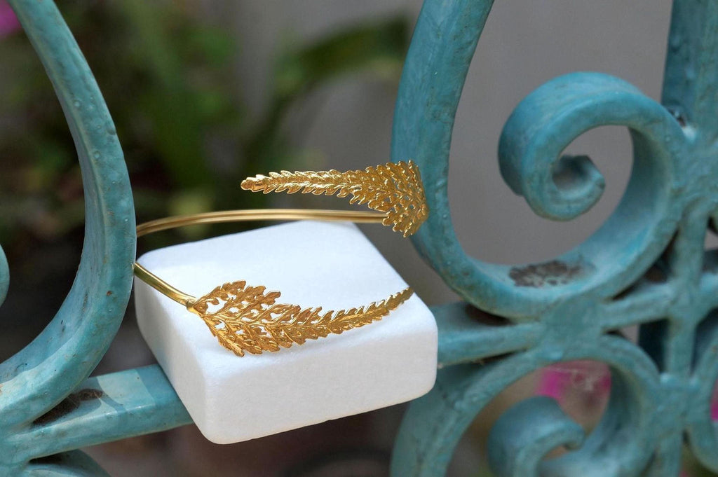 Real Fern Leaf Gold Cuff, Handmade Nature Jewelry, Organic Forest Bracelet, Gift for Growth, Eco Sustainable Sterling Silver 925