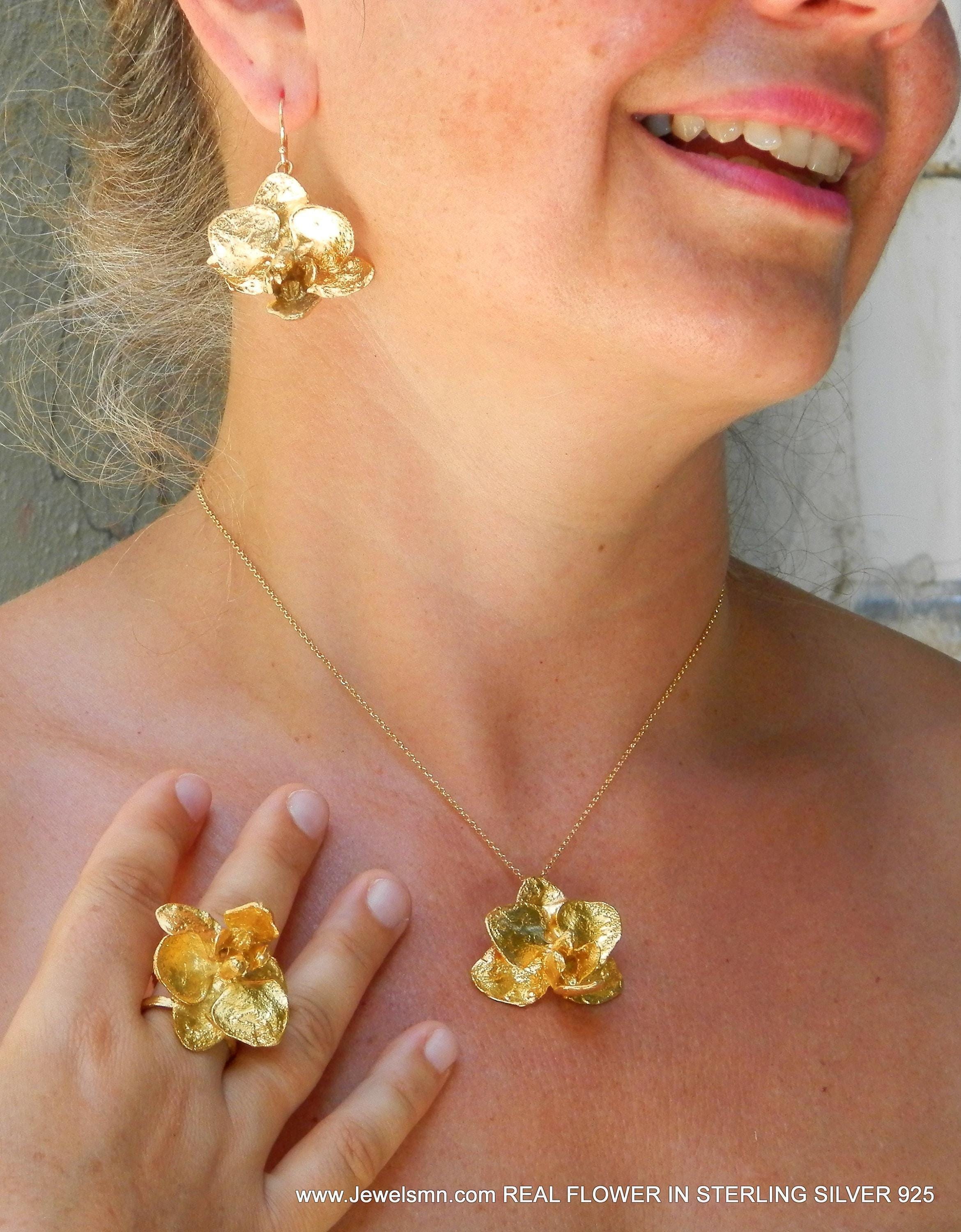 Gold Orchid Flower Necklace, Handmade Nature Jewelry, Organic Forest Pendant, Gift for Rejuvenation & Prosperity, Sterling Silver 925