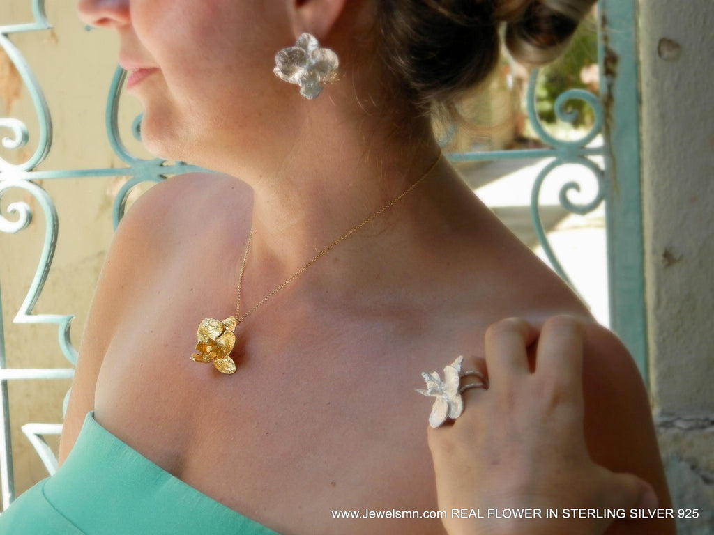Gold Orchid Flower Necklace, Handmade Nature Jewelry, Organic Forest Pendant, Gift for Rejuvenation & Prosperity, Sterling Silver 925