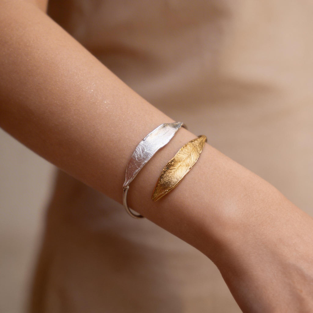 Gold Olive Leaf Bracelet, Handmade Nature Jewelry, Organic Tree Cuff, Gift for Victory & Health, Eco Sustainable Sterling Silver 925