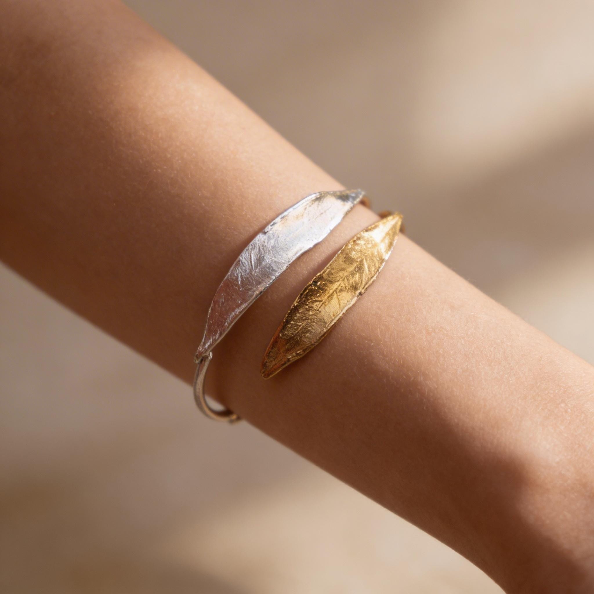 Gold Olive Leaf Bracelet, Handmade Nature Jewelry, Organic Tree Cuff, Gift for Victory & Health, Eco Sustainable Sterling Silver 925