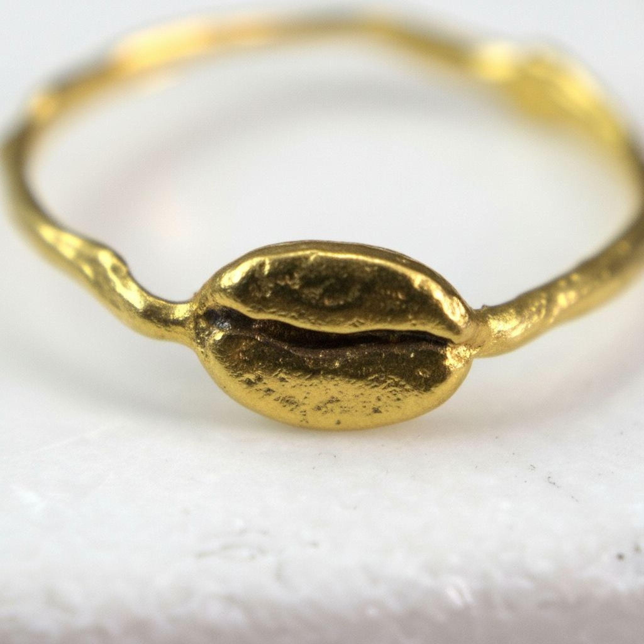 Real Coffee Bean Ring, Handmade Minimalist Jewelry, Organic Dainty Band, Gift for Health & Warmth, Gold or Sterling Silver 925 (Unisex)