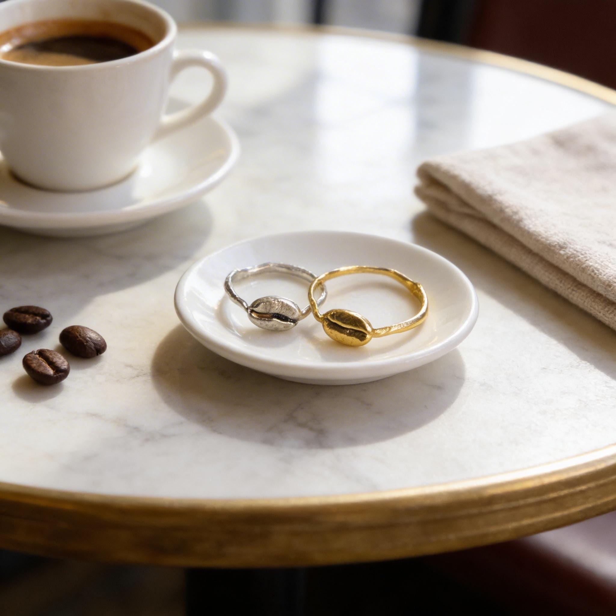 Real Coffee Bean Ring, Handmade Minimalist Jewelry, Organic Dainty Band, Gift for Health & Warmth, Gold or Sterling Silver 925 (Unisex)