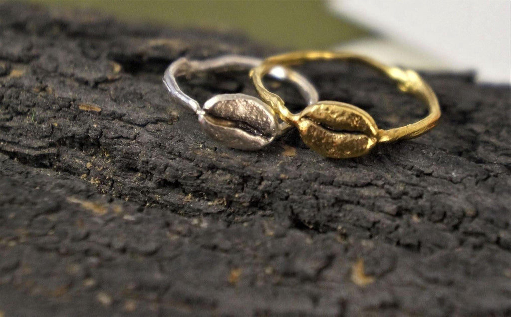 Real Coffee Bean Ring, Handmade Minimalist Jewelry, Organic Dainty Band, Gift for Health & Warmth, Gold or Sterling Silver 925 (Unisex)