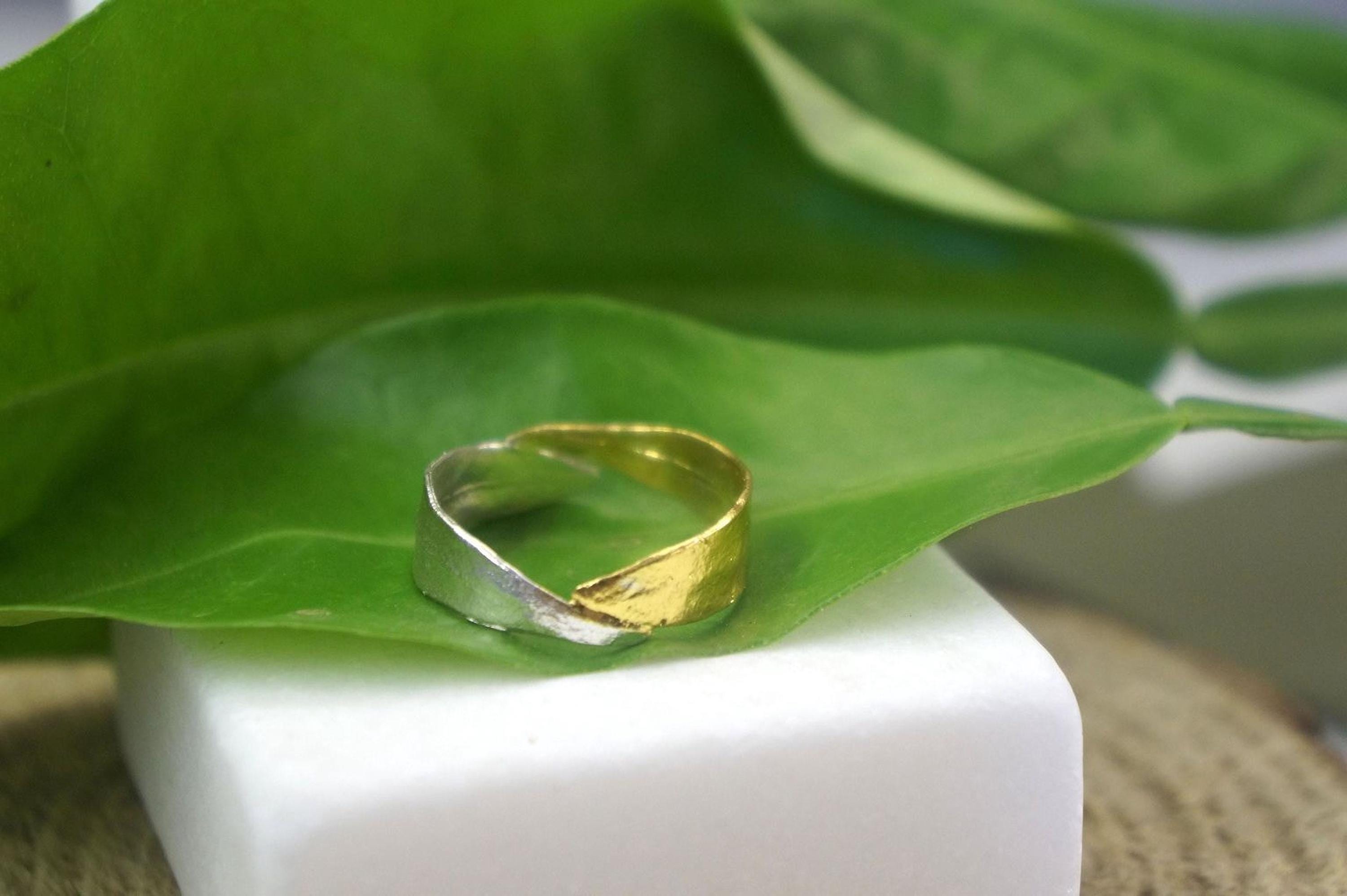 Real Olive Leaf Band, Handmade Minimalist Jewelry, Organic Two-Tone Band, Eco Gift for Success & Luck, Gold or Sterling Silver 925