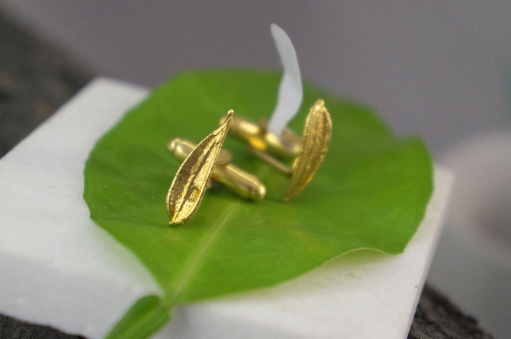 Olive Leaf Cufflinks for Men's Suit, 14K Gold Plated Brass, Wedding Gift for Men, Men's Suit Accessories