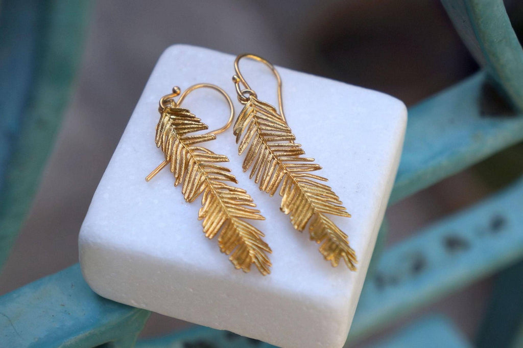 Solid Gold Acacia Leaf Earrings, Handmade Nature Jewelry, Organic Forest Dangles, Gift for Beauty & Health, Real Gold (9K, 14K, 18K)