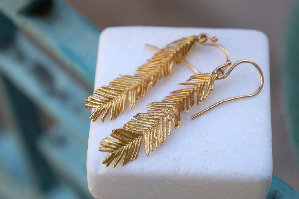 Solid Gold Acacia Leaf Earrings, Handmade Nature Jewelry, Organic Forest Dangles, Gift for Beauty & Health, Real Gold (9K, 14K, 18K)