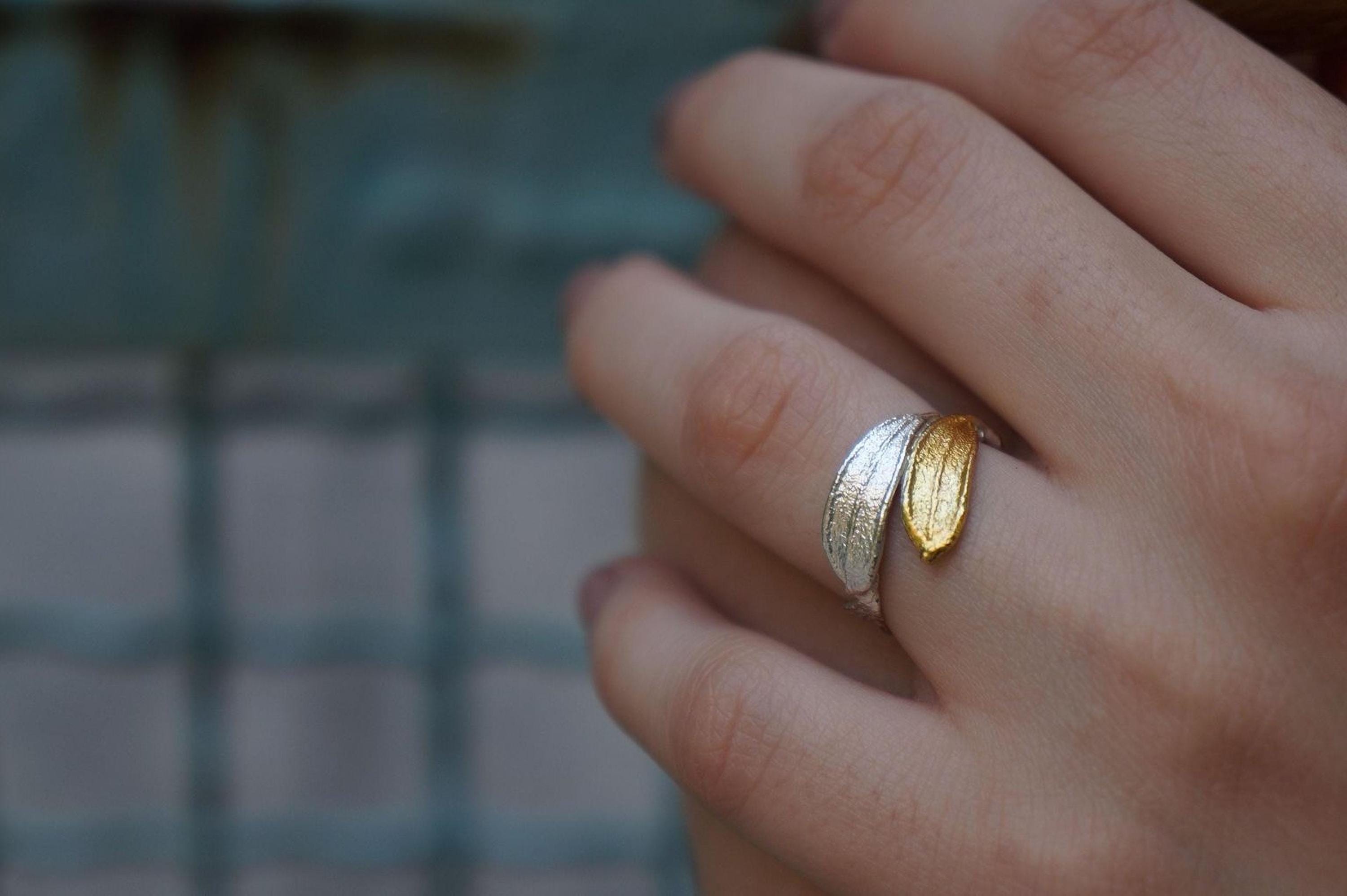 Double Olive Leaf Ring, Handmade Minimalist Jewelry, Organic Tree Band, Nature's Gift for Victory & Health, Gold and Sterling Silver 925