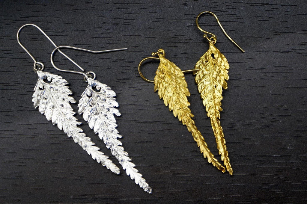 Real Fern Leaf Gold Earrings, Handmade Nature Jewelry, Organic Forest Dangles, Gift for Health & Resilience, Gold or Sterling Silver 925