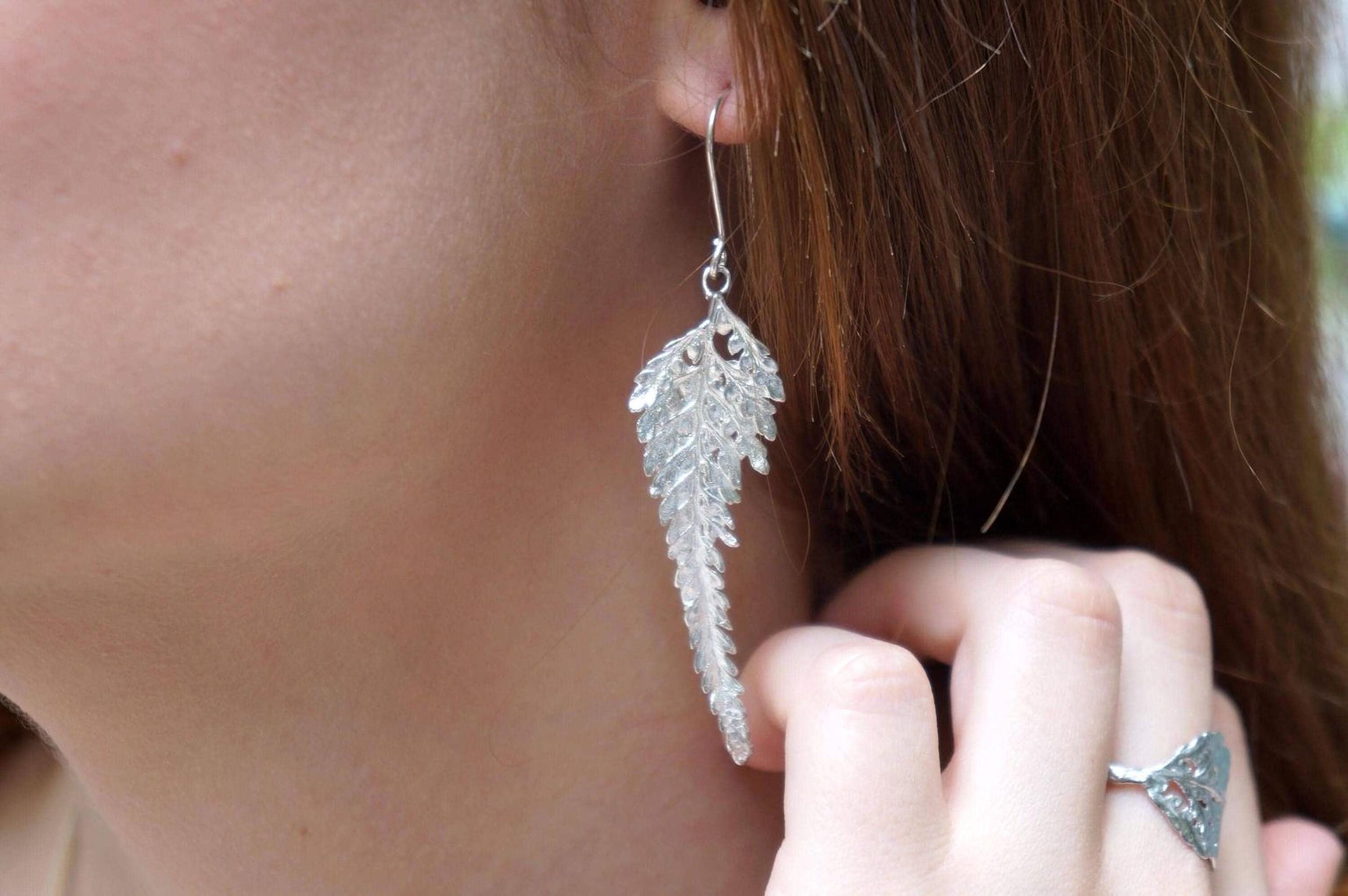 Real Fern Leaf Gold Earrings, Handmade Nature Jewelry, Organic Forest Dangles, Gift for Health & Resilience, Gold or Sterling Silver 925