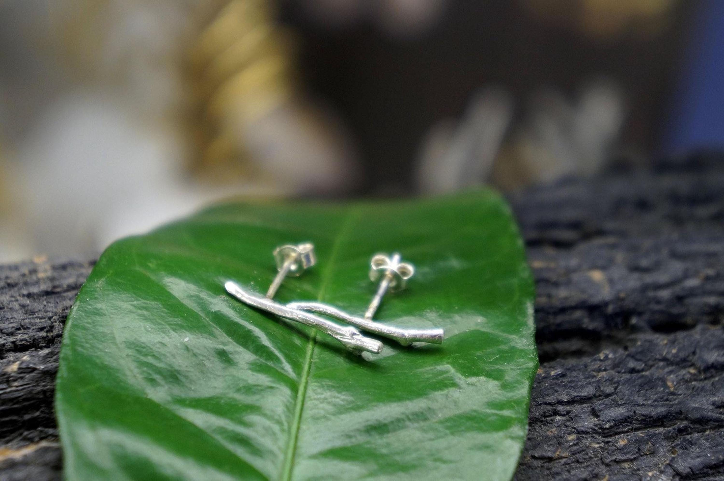 Real Jasmine Twig Earrings, Handmade Minimalist Jewelry, Organic Gold Studs, Gift for Vitality & Luck, Eco Sustainable Sterling Silver 925