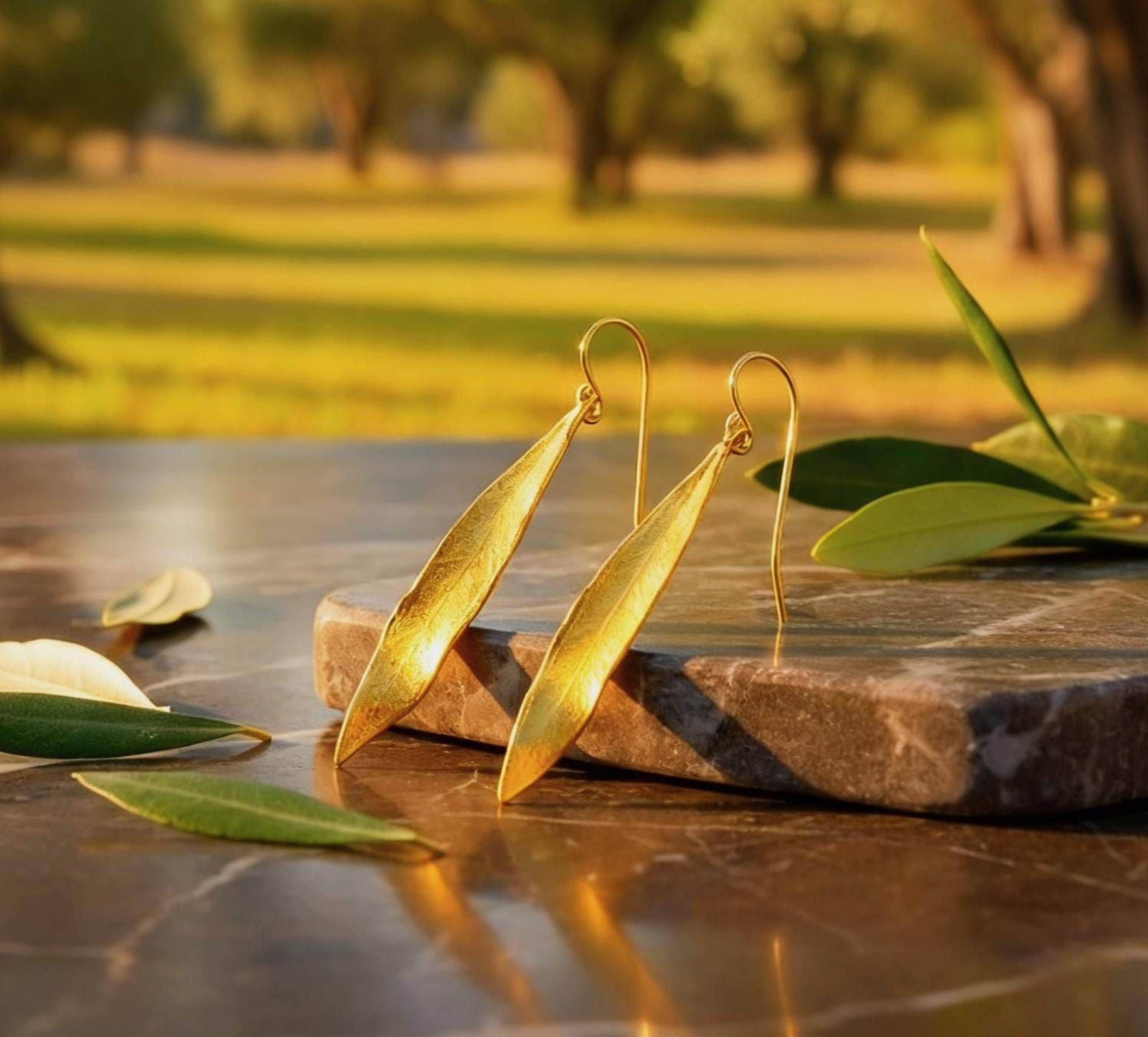 Gold Olive Leaf Dangle Earrings, Handmade Nature Jewelry, Birthday Gift for Success & Health, Eco Sustainable Sterling Silver 925