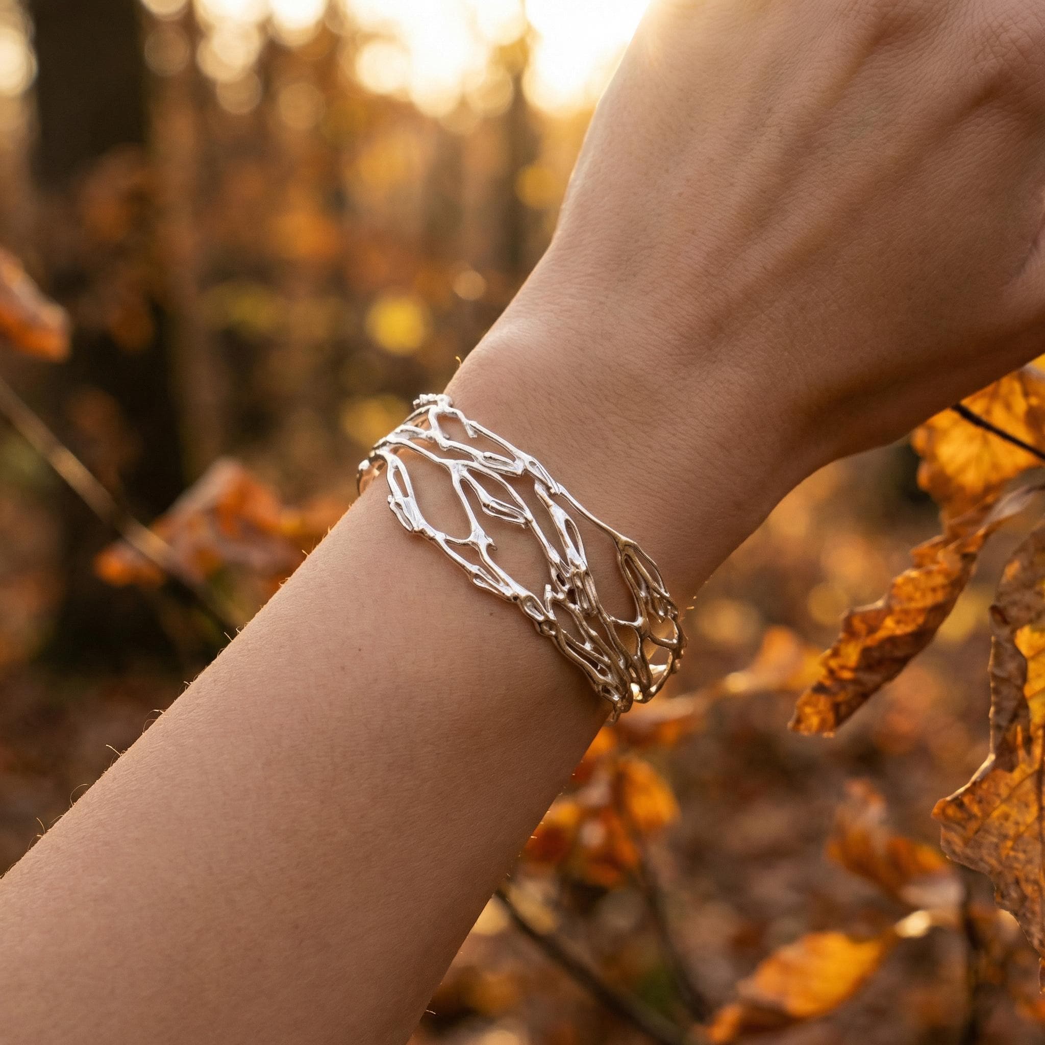 Gold Jasmine Branch Bracelet, Handmade 14K Gold Plated Sterling Silver 925 Cuff, Jewelry for Women, Nature-Inspired Birthday Gift