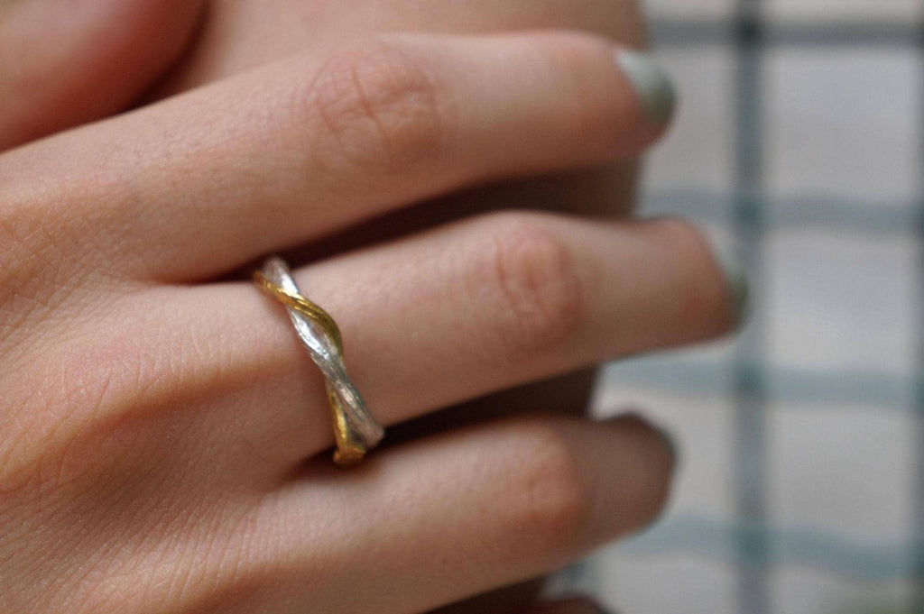 Real Olive Branch Gold Ring, Handmade Minimalist Jewelry, Organic Twig Band, Gift for Victory & Health, Eco Sustainable Sterling Silver 925