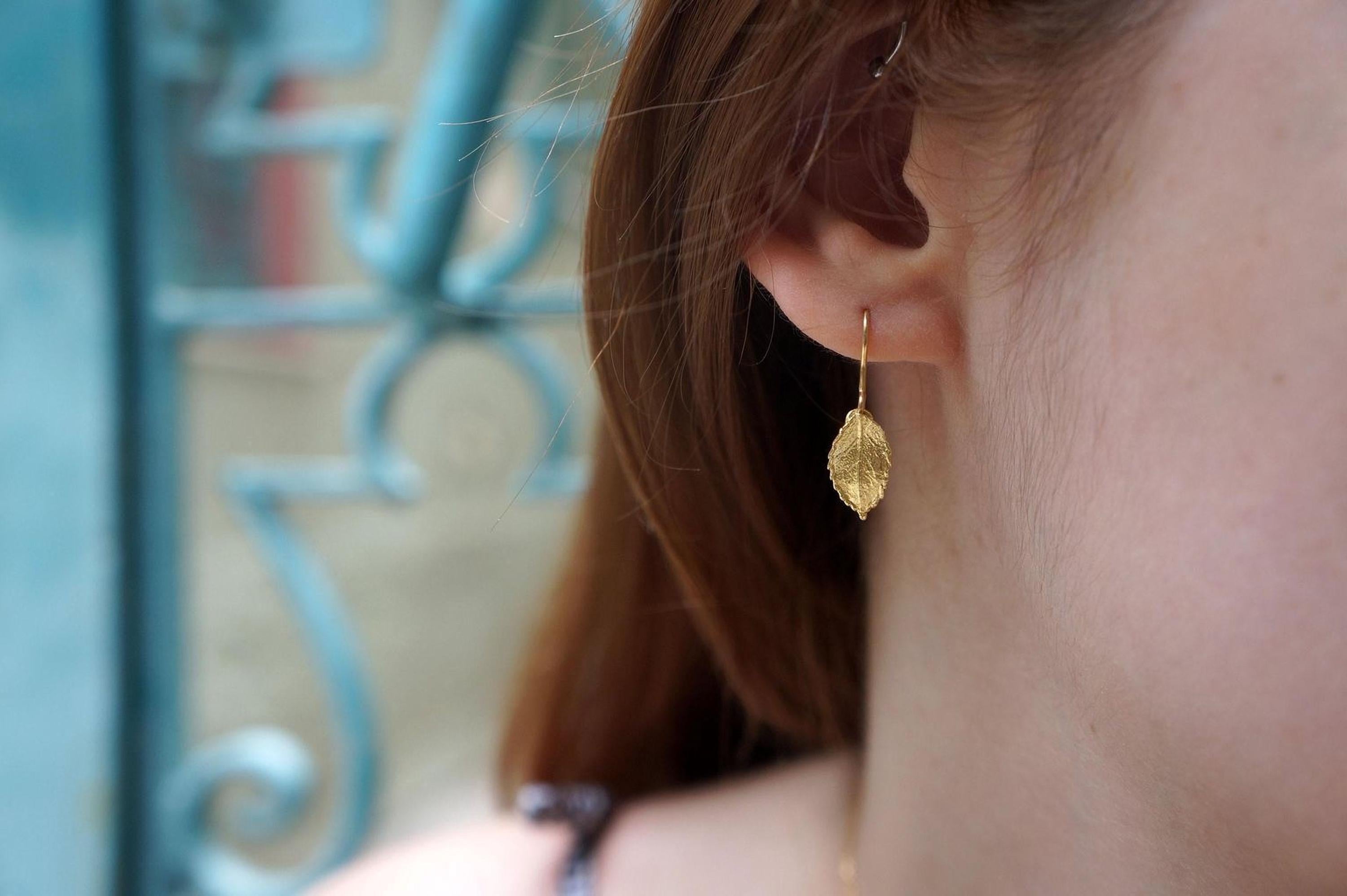 Real Rose leaf Gold Earrings, Handmade Minimalist Jewelry, Organic Nature Studs, Gift for Health & Passion, Gold or Sterling Silver 925