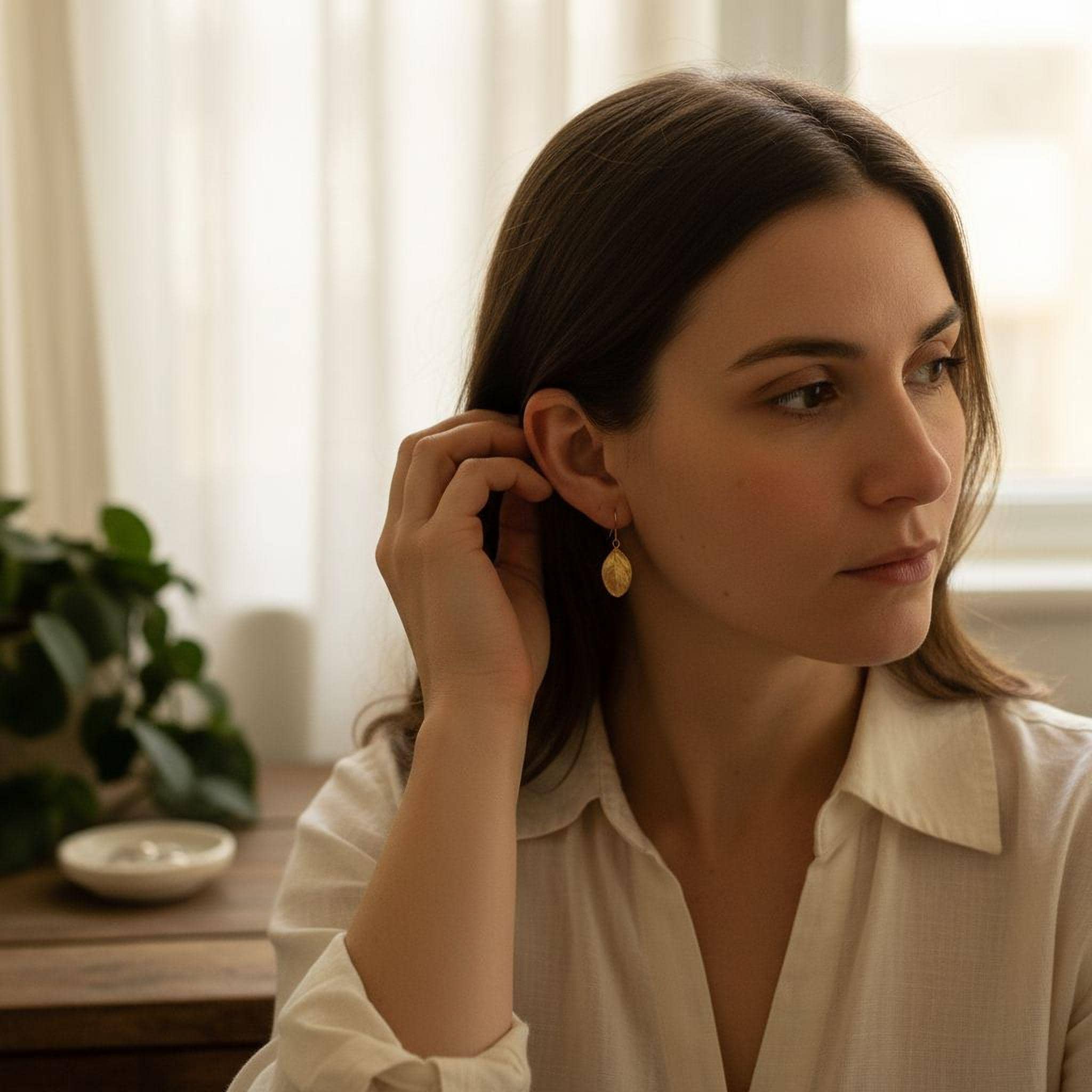 Real Solid Gold Rose Leaf Stud earrings, Handmade Minimalist Jewelry, Organic Forest Gift for Luck & Passion (9K, 14K, 18K- Options)
