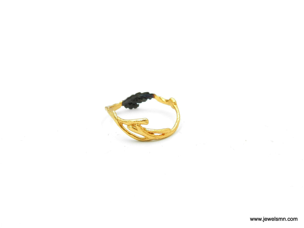 Minimalist Twig Ring -14k Gold Plated on Sterling Silver 925.Jasmine branch with cypress Leaf Detail