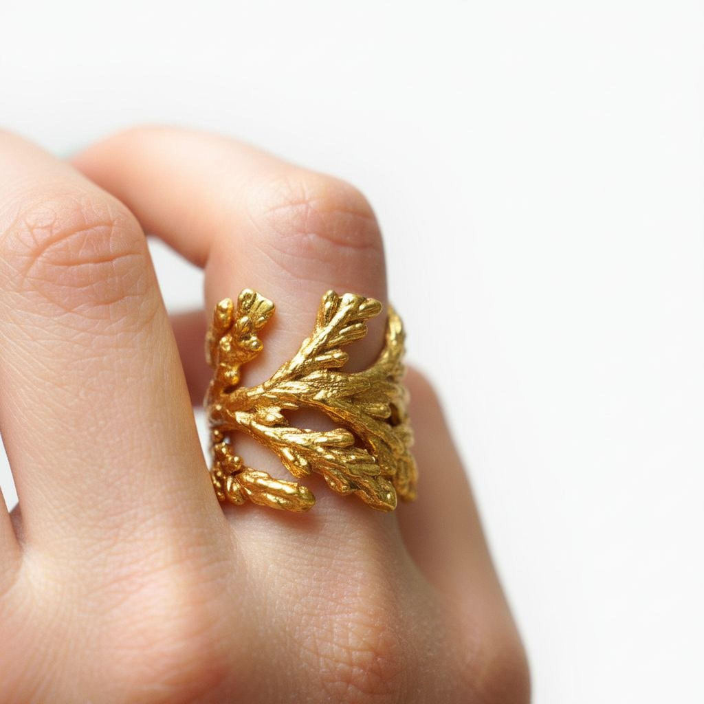 Real Juniper Branch Gold Ring, Handmade Nature-Inspired Jewelry, Organic Forest Band, Gift for Longevity & Health, Sterling Silver 925