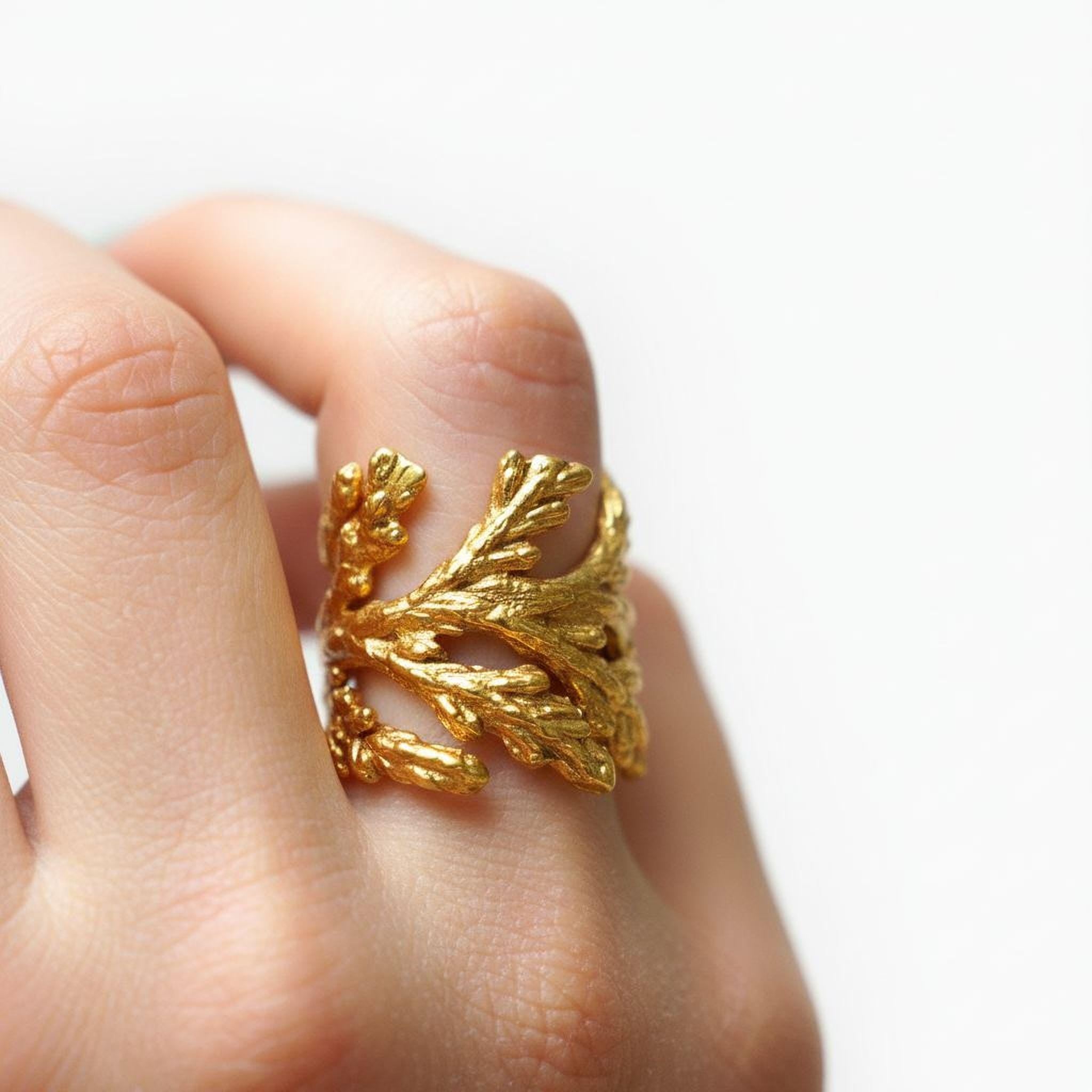 Real Juniper Branch Gold Ring, Handmade Nature-Inspired Jewelry, Organic Forest Band, Gift for Longevity & Health, Sterling Silver 925