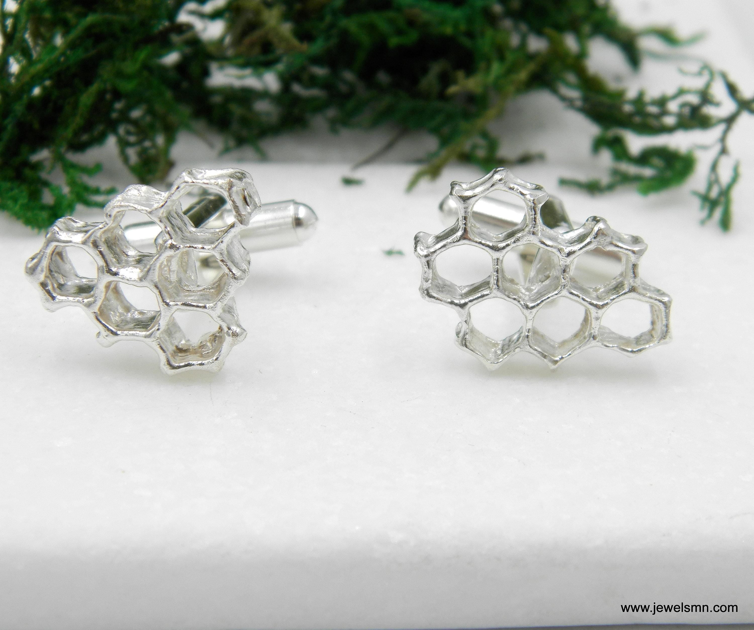Silver Honeycomb Cufflinks, Handmade Men's Accessories for Suit, Jewelry Inspired by Bees, Sterling Silver 925