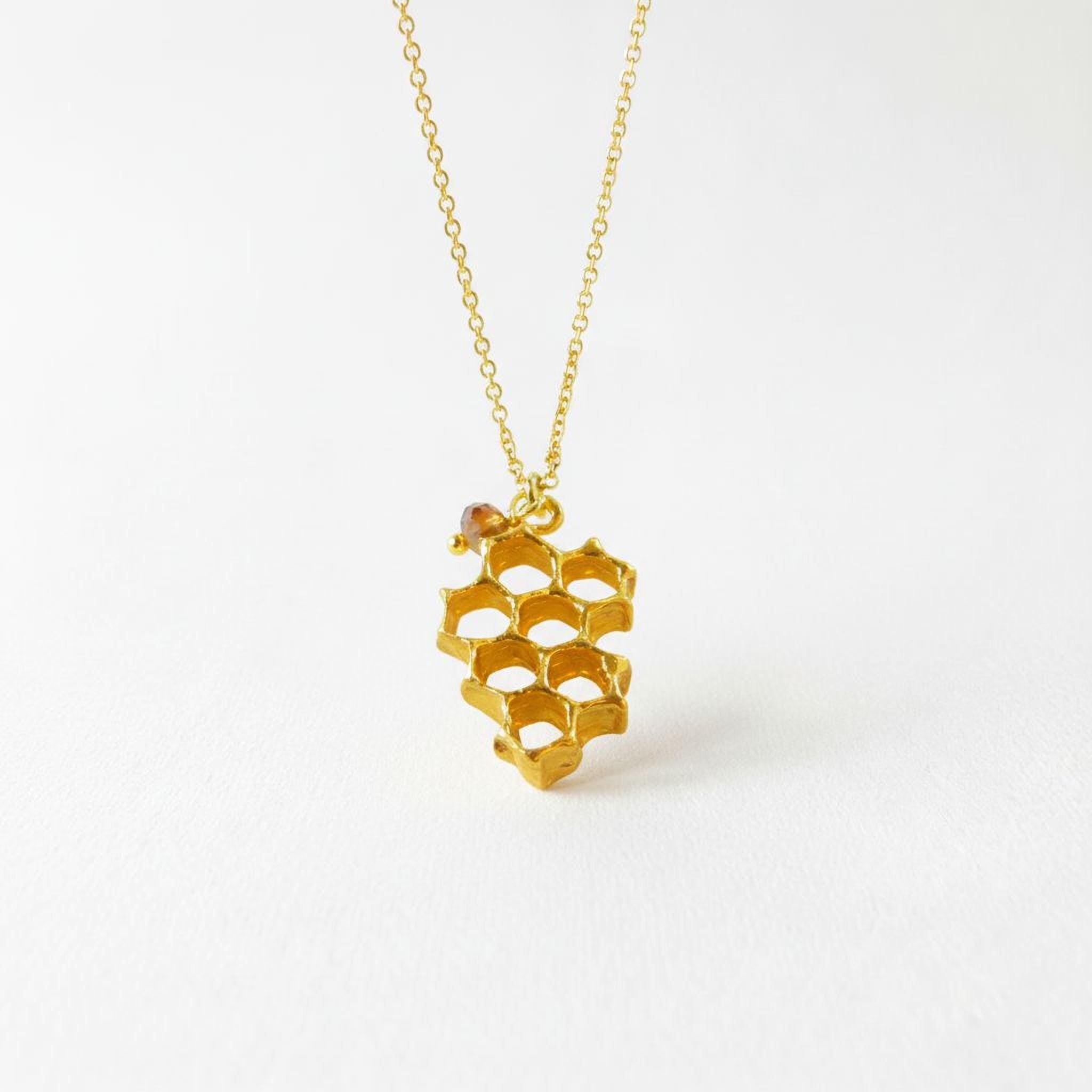 Real Honeycomb Bee Pendant, 14K Gold Plated Sterling Silver 925, Handmade Nature Jewelry, Birthday Gift for Women, Organic Fashion