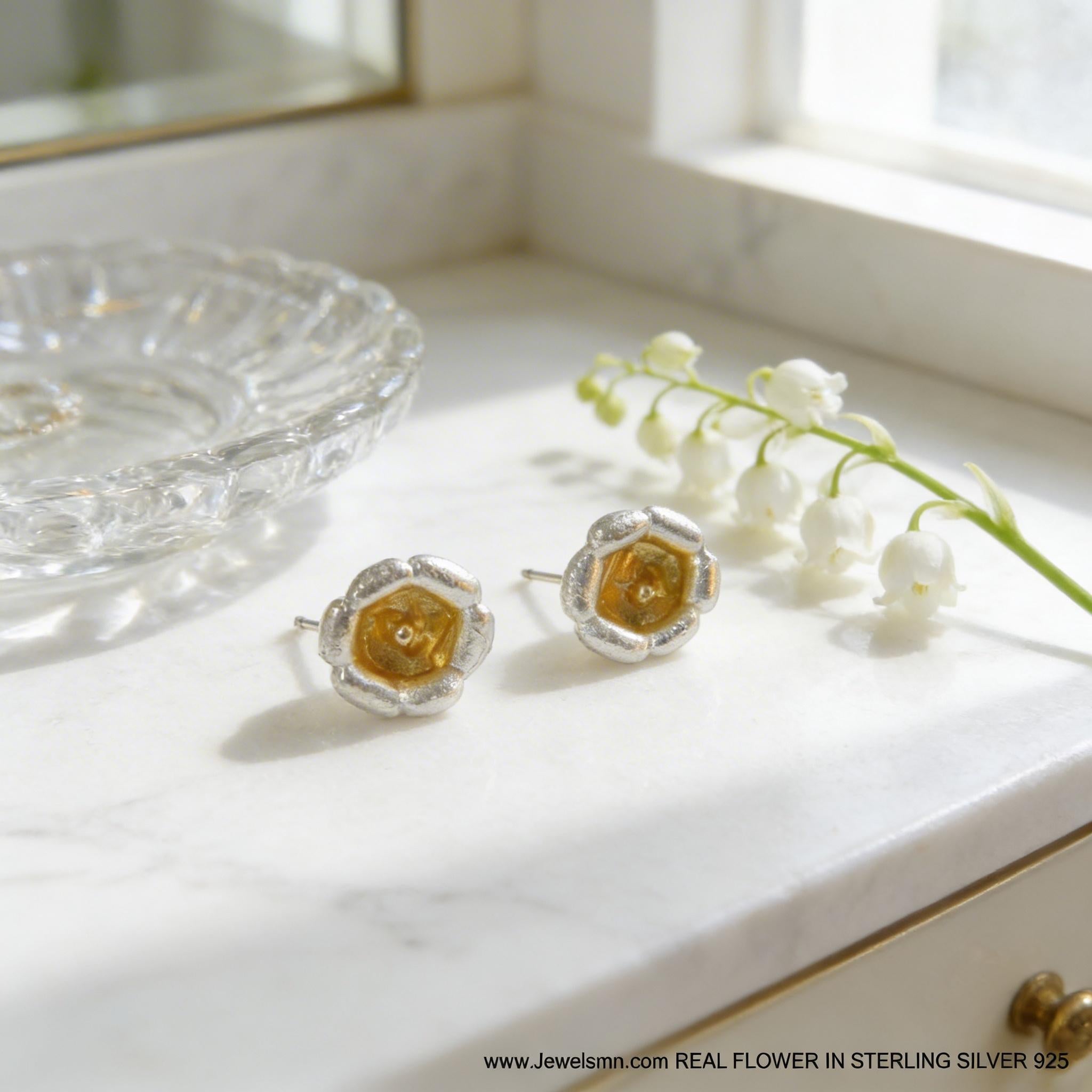 Minimalist Lily of the Valley Earrings - Dainty Sterling Silver 925 Studs. Symbol of purity, happiness, and luck