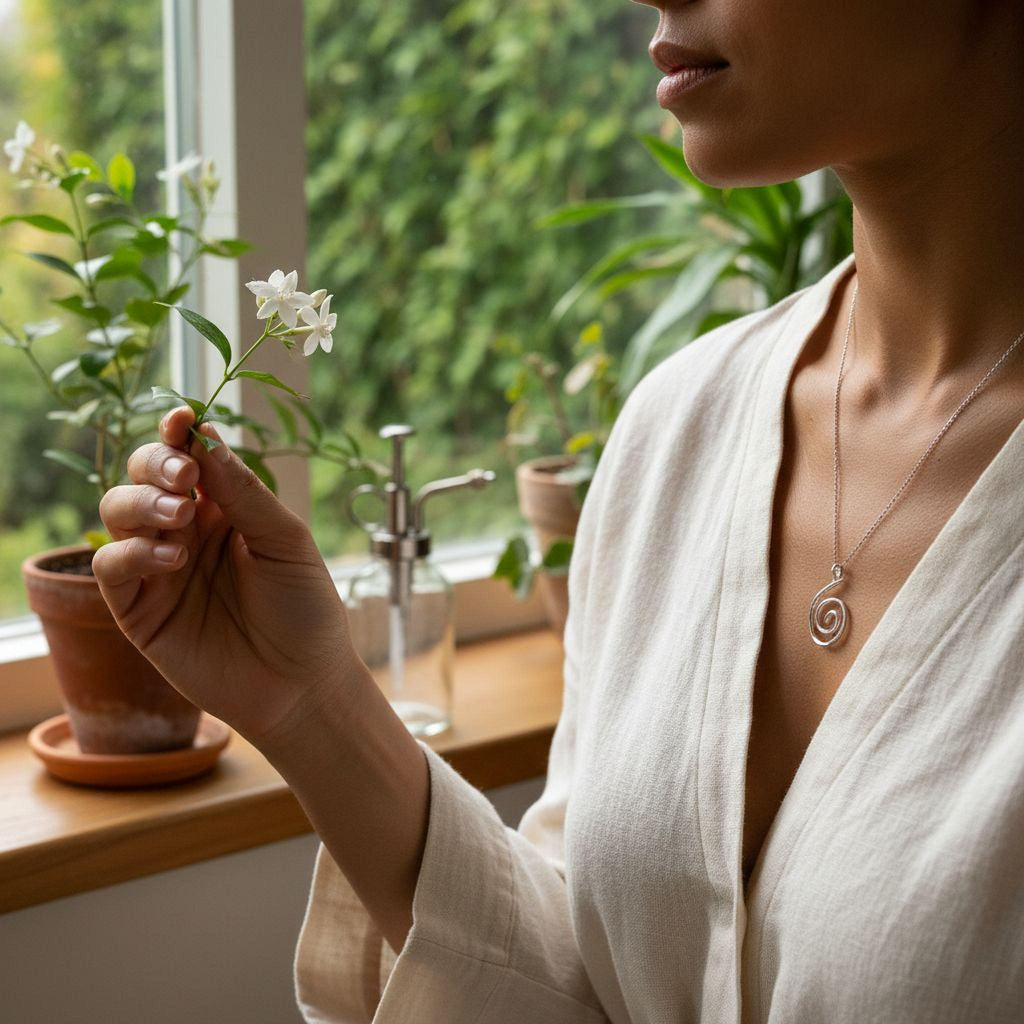 Botanical Necklace, Jasmine Twig Spiral with Adjustable Chain.(Sterling Silver 925 or 14k Goldplated).Symbol of love, hope, and sensuality