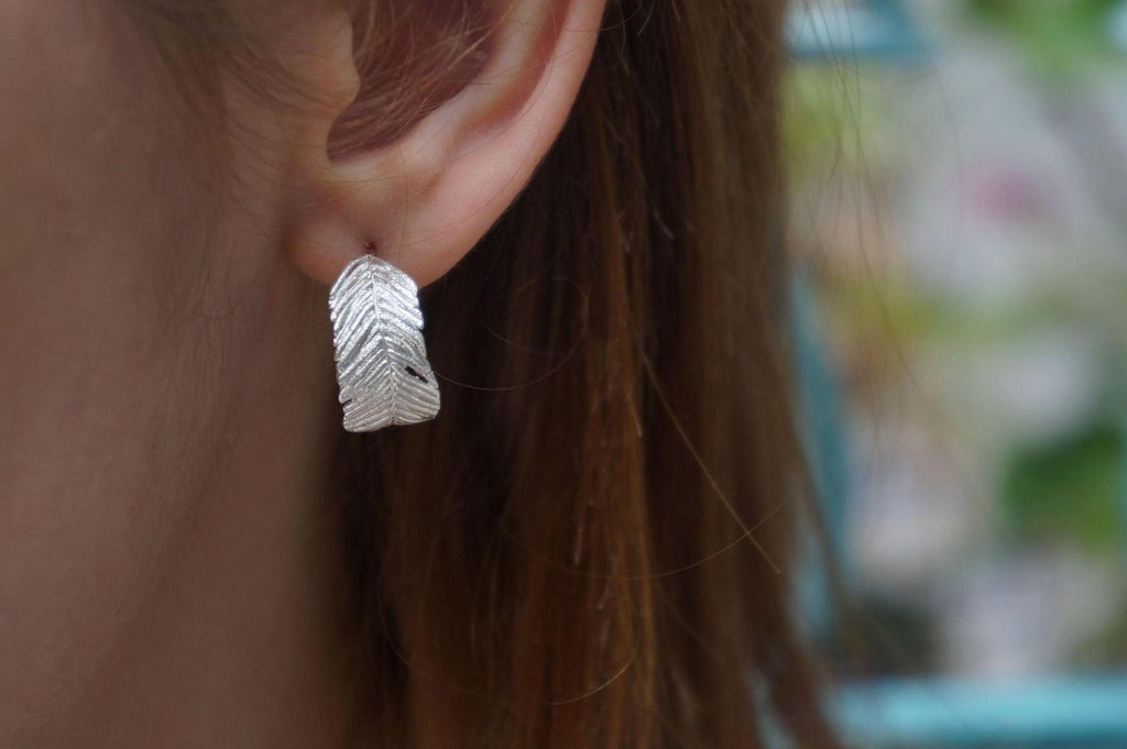 Mimosa Pudica Small Leaf Hoop Earrings, 14k Gold Plated Earring on Sterling Recycled Silver, Minimalist Silver Earring, Dainty Earring, Gift